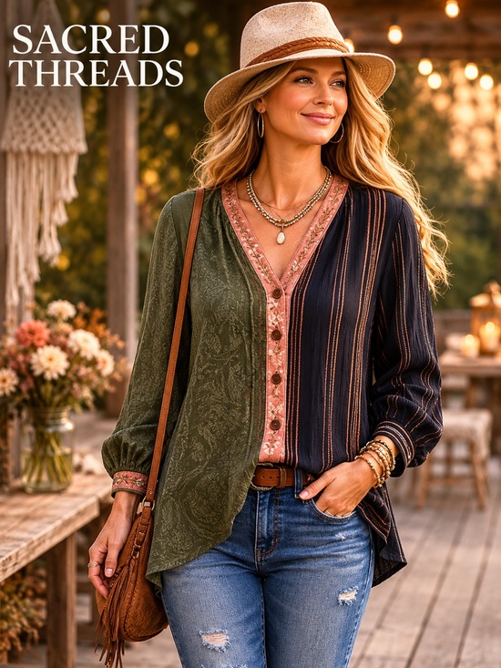 Sacred Threads Tops - VTG Sacred Threads, Oversized Boho Buffon-Up Blouse, Such a COOL Design, Size S